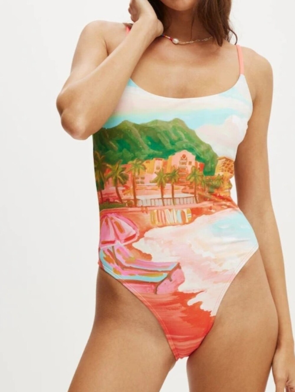 Next | Coral Pink Tropical Beach Print One-Piece Swimsuit